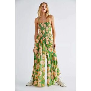 NWT Free People Sophia Jumpsuit Floral Smocked Palazzo Avocado Green Women XS